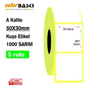 50x30 Kuşe Etiket 1000 Sarım 5 RULO