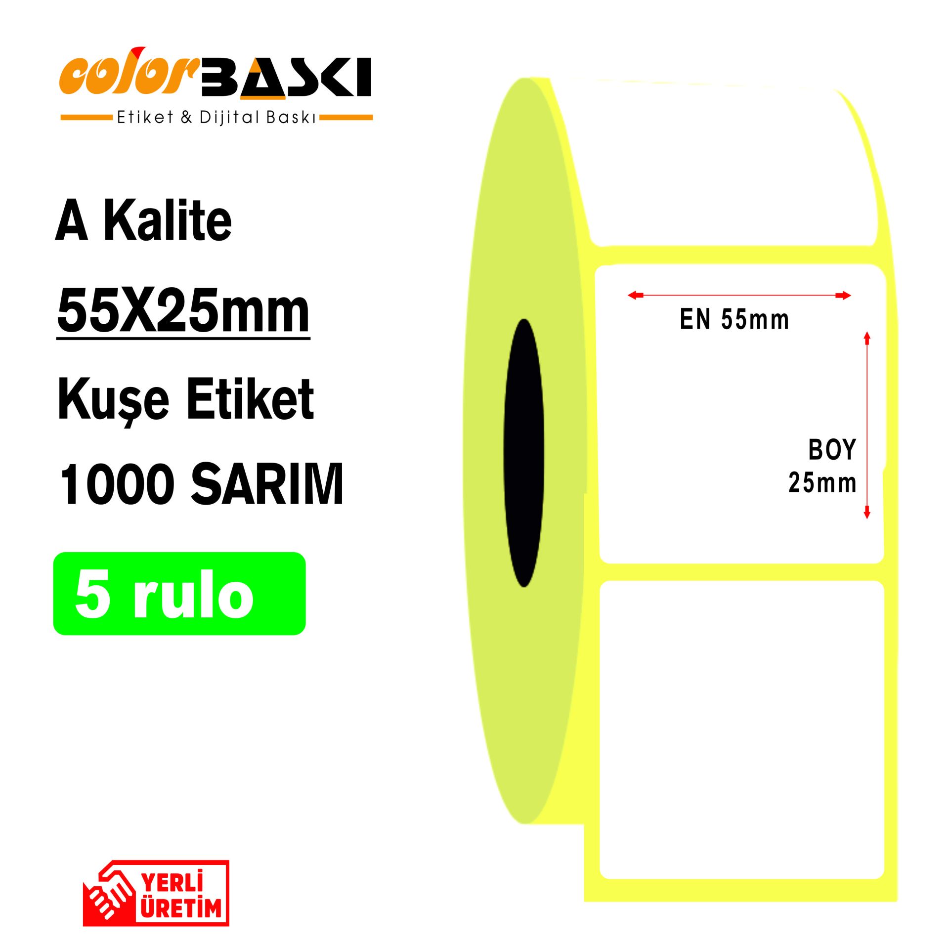 55x25 Kuşe Etiket 1000 Sarım 5 RULO