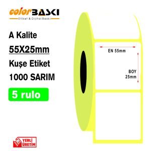 55x25 Kuşe Etiket 1000 Sarım 5 RULO